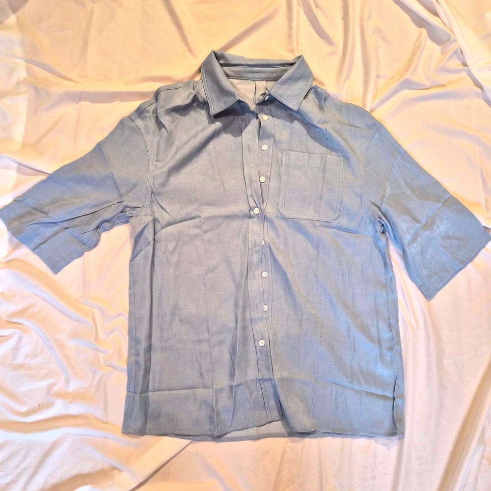 Minimalist Blue Button up Blouse Medium Coastal Business Casual Grandpacore